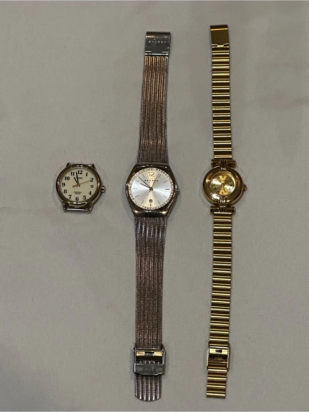 Watch Bundle: Timex Face, Two Tone Skagen and Gold Tone Lotus. Vintage inspired.